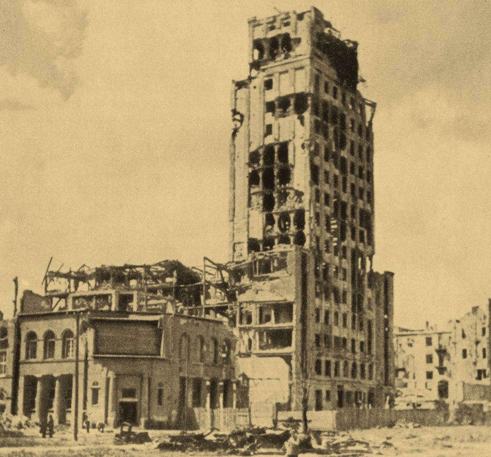 The gutted Prudential tower still standing amid the ruins, 1945